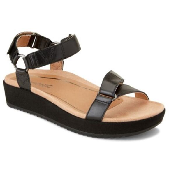 Vionic Kayan Black Leather Ankle Strap Wedge Sandal Platform Size 8M NEW In Box - Picture 1 of 9